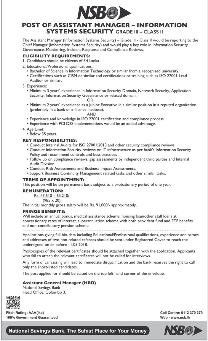 Executive (Information System Security), Assistant Manager (Information System Security) - National Savings Bank (NSB)